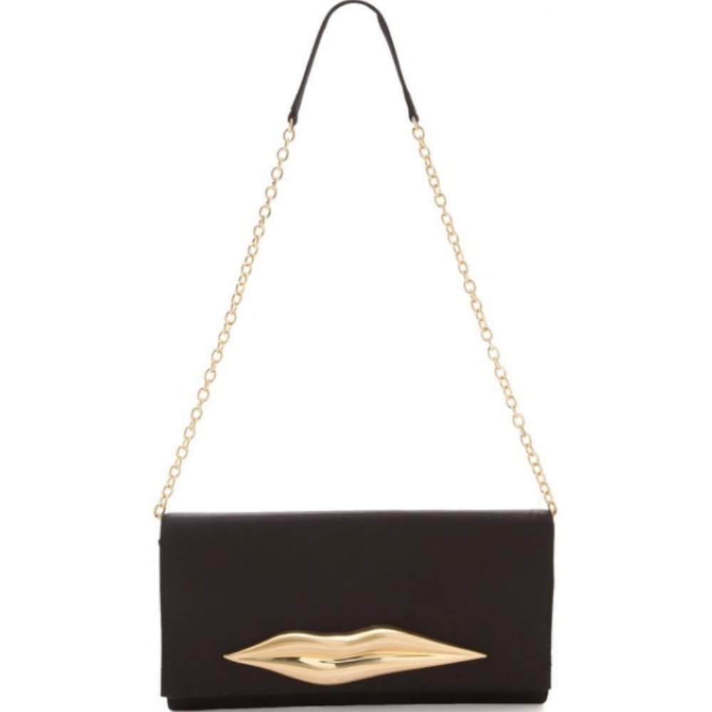 Diane Von Furstenberg Carolina Metal Gold Lips In Black Satin Clutch Chain Bag